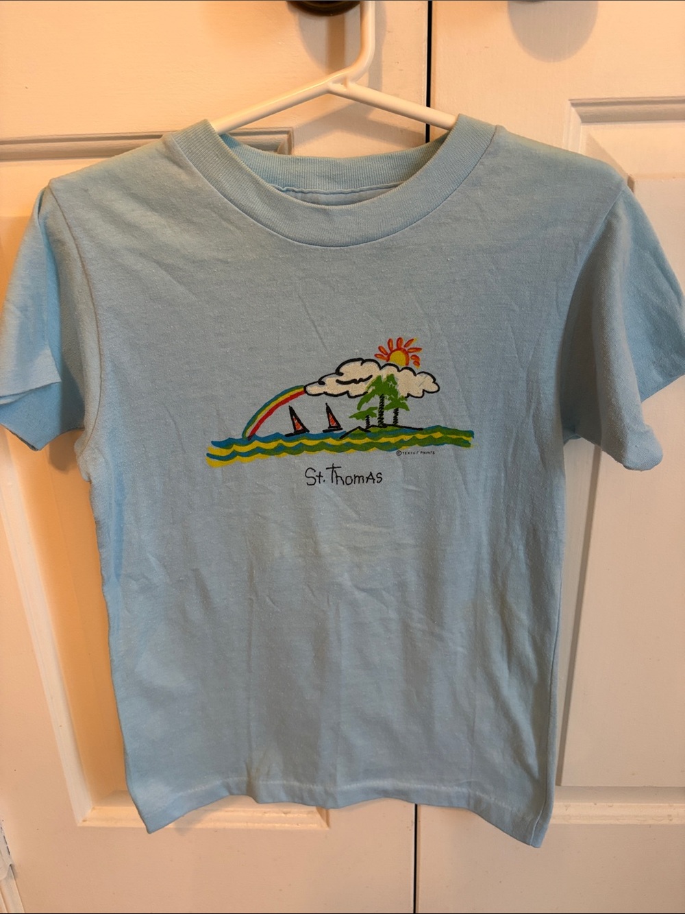 Colorful Blue Tee Shirt with Sailboats, Rainbow and Sunshine